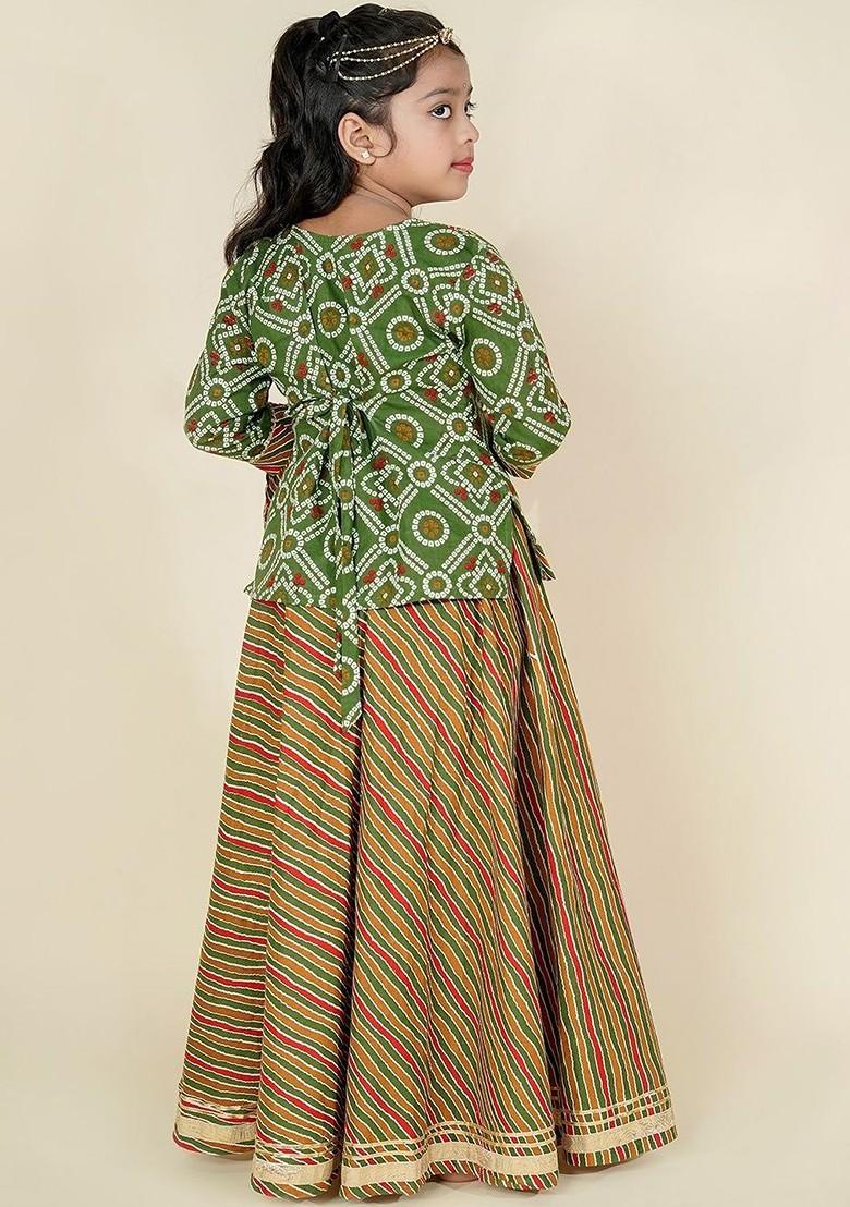 Sea Green Printed Cotton Blend Lehenga Choli For Girls - Indya