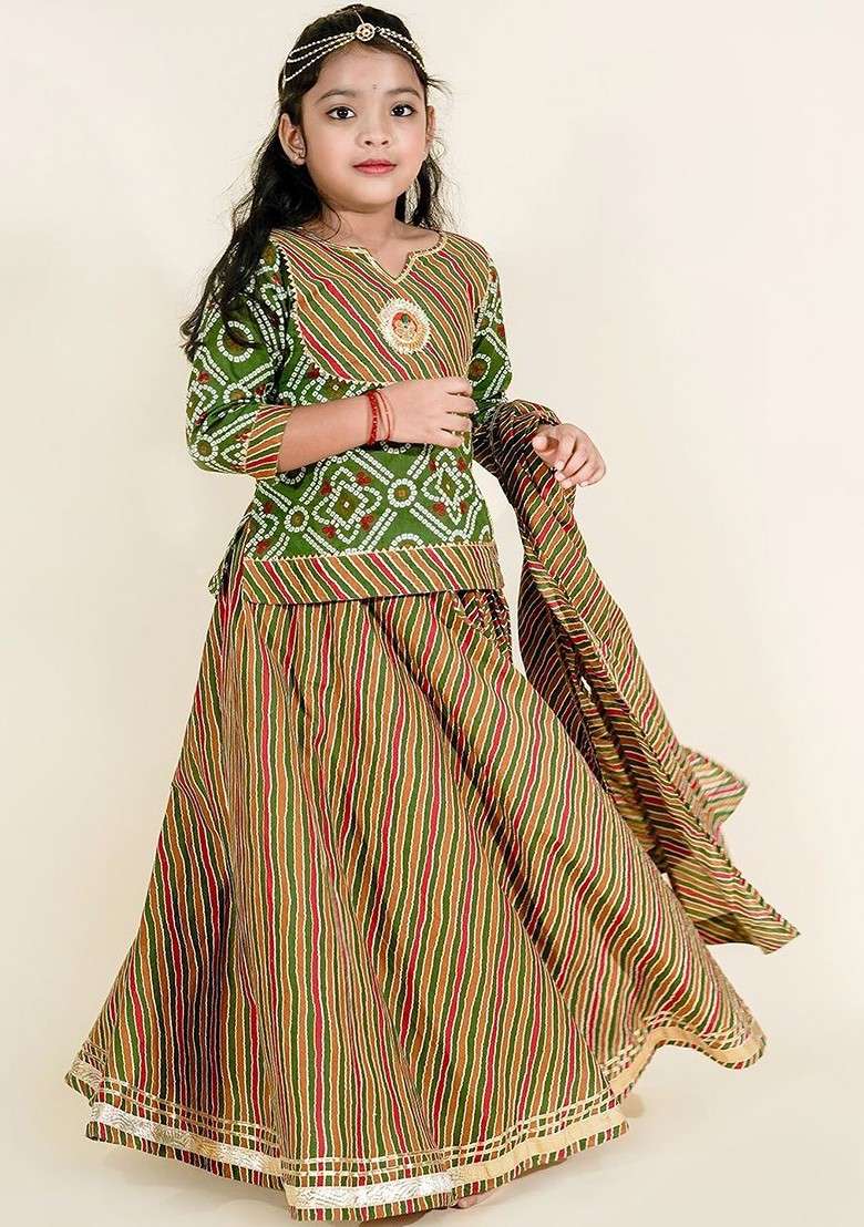 Sea Green Printed Cotton Blend Lehenga Choli For Girls - Indya