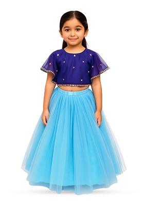 Blue Embellished Blended Lehenga Choli For Girls