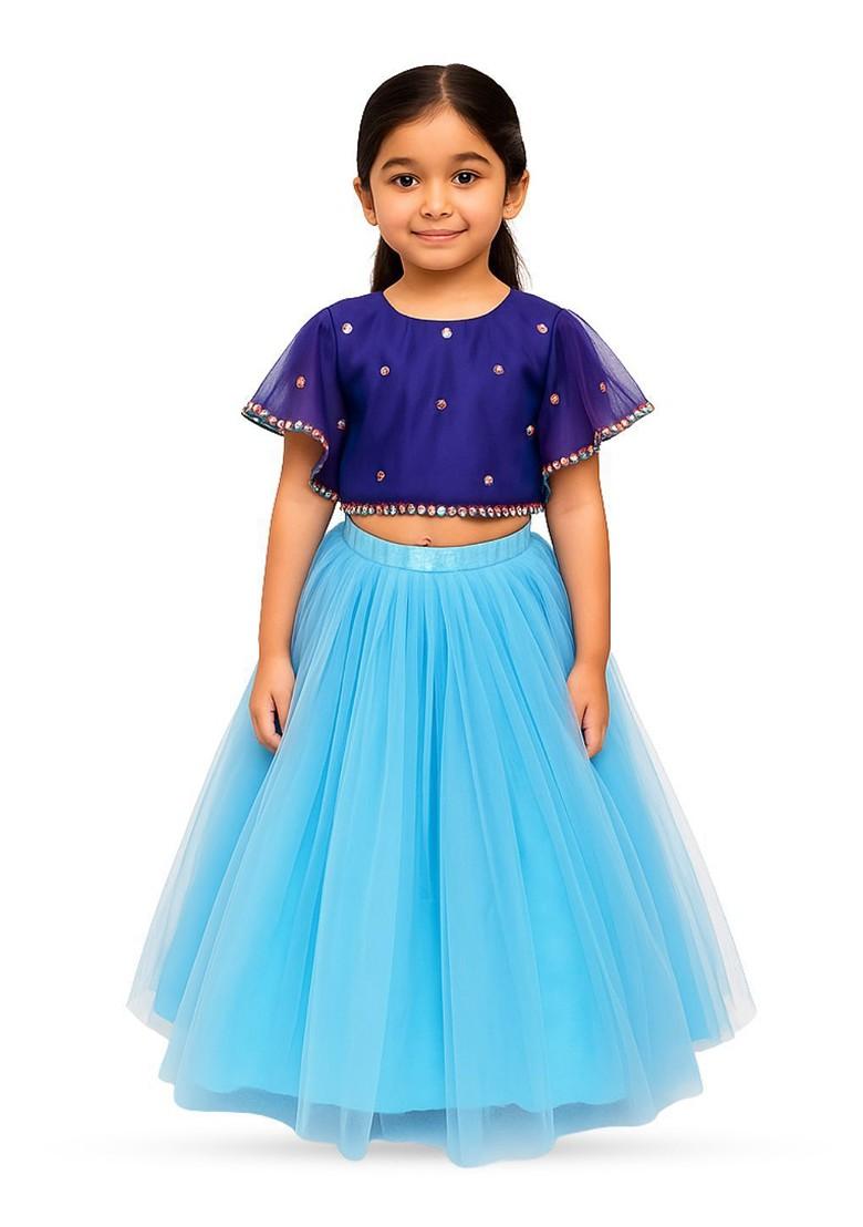 Blue Embellished Blended Lehenga Choli For Girls - Indya