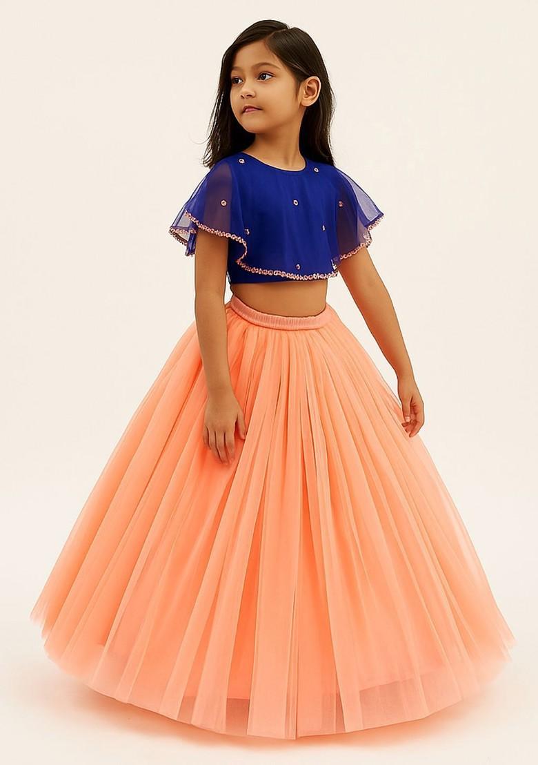 Peach Embellished Blended Lehenga Choli For Girls - Indya