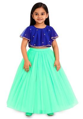 Green Embellished Blended Lehenga Choli For Girls