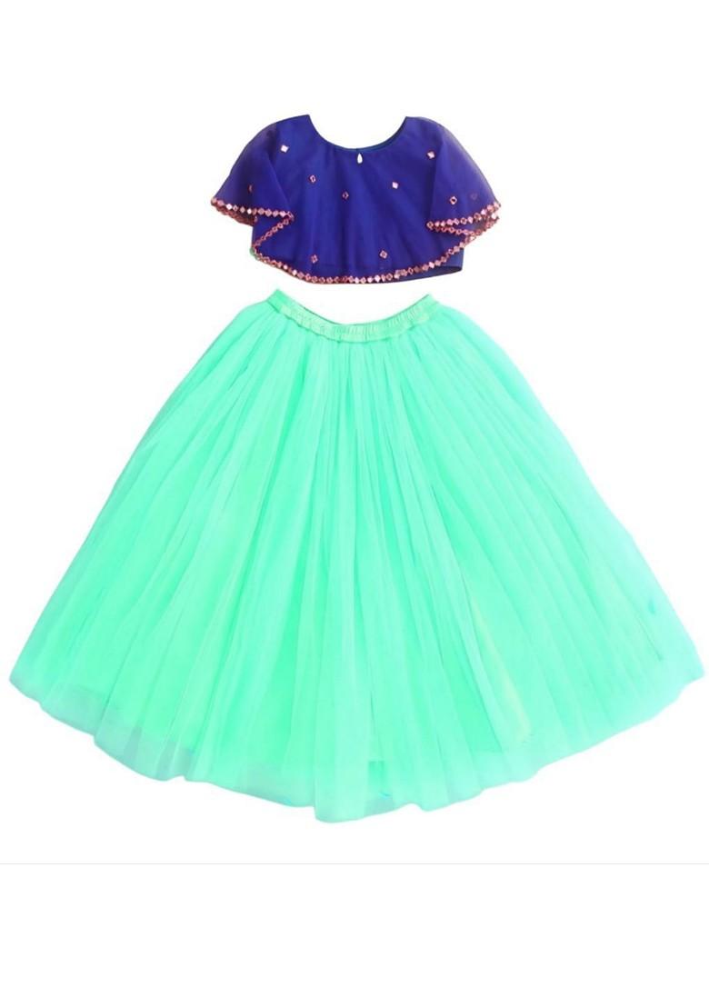 Green Embellished Blended Lehenga Choli For Girls - Indya