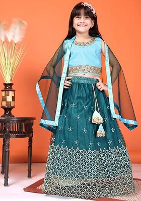 Teal Embroidered Net Lehenga Choli For Girls