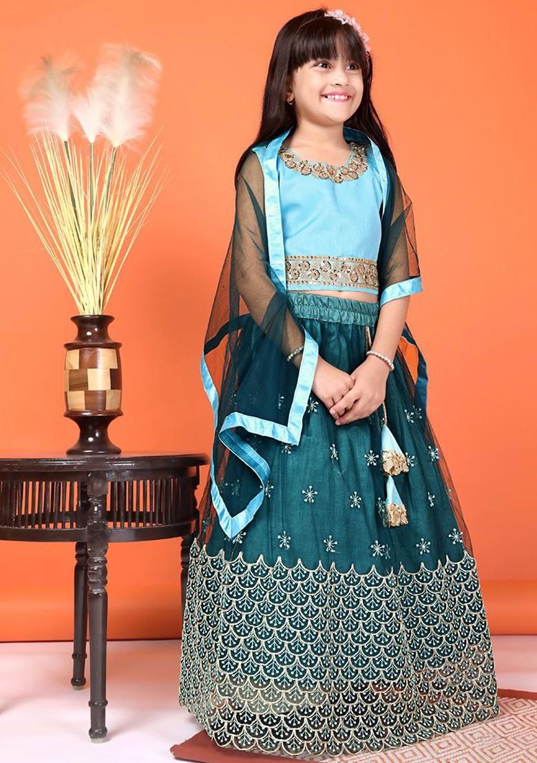 Teal Embroidered Net Lehenga Choli For Girls - Indya