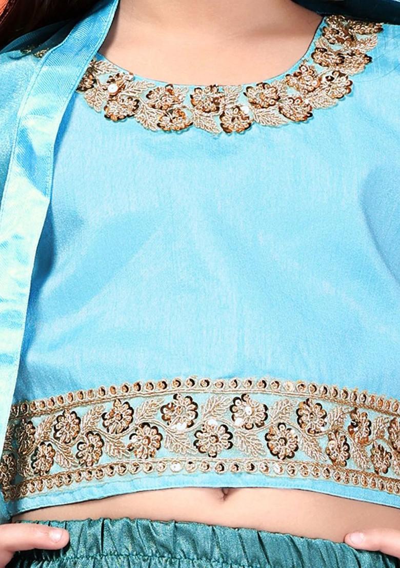 Teal Embroidered Net Lehenga Choli For Girls - Indya