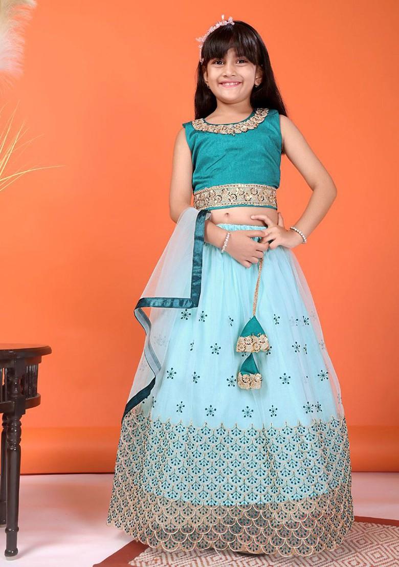 Sea Green Embroidered Net Lehenga Choli For Girls - Indya