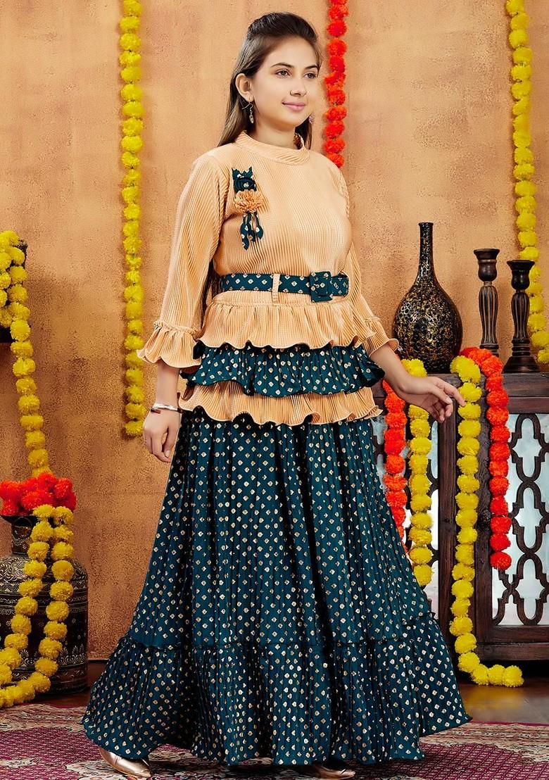 Beige Embroidered Georgette Lehenga Choli For Girls - Indya