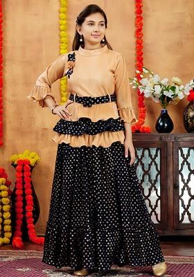 Beige Embroidered Georgette Lehenga Choli For Girls