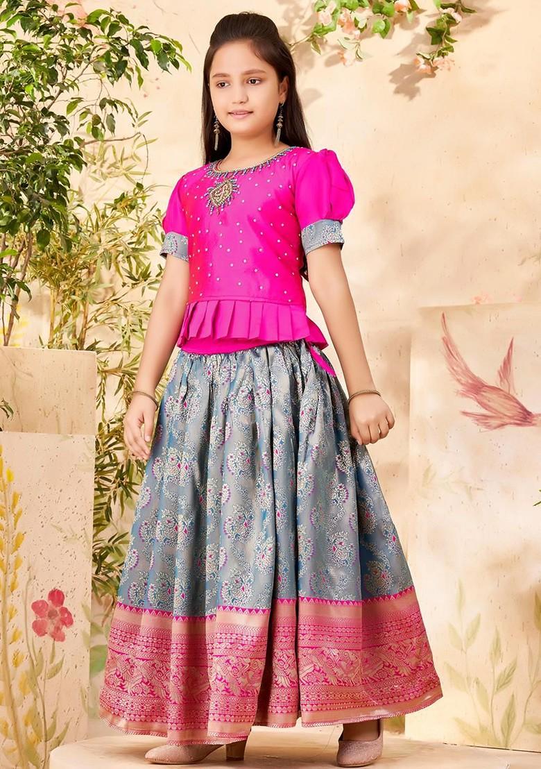 Pink Embroidered Silk Lehenga Choli For Girls - Indya