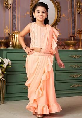 Peach Embroidered Georgette Lehenga Choli For Girls