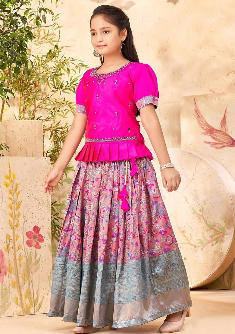 Pink Embroidered Silk Lehenga Choli For Girls - Indya