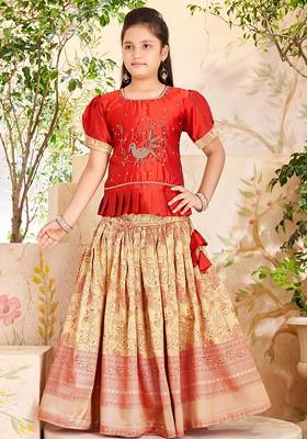 Maroon Embroidered Silk Lehenga Choli For Girls