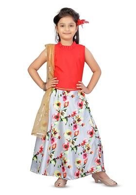 Red Printed Silk Lehenga Choli For Girls
