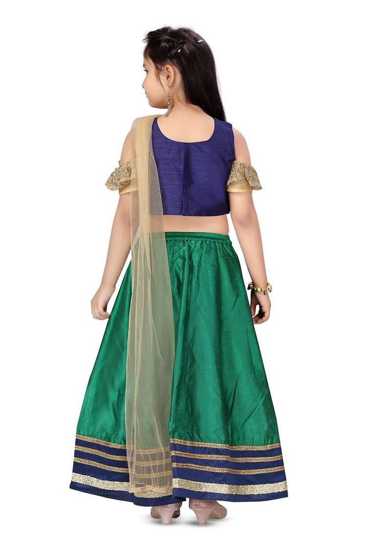 Navy Blue Embroidered Silk Lehenga Choli For Girls - Indya