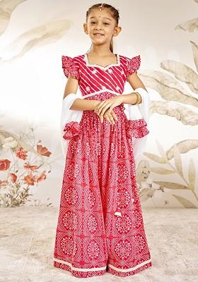 Red Embroidered Cotton Blend Lehenga Choli For Girls