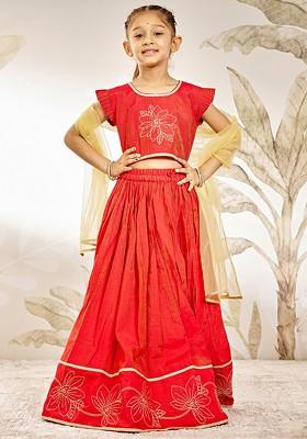Red Embroidered Blended Lehenga Choli For Girls