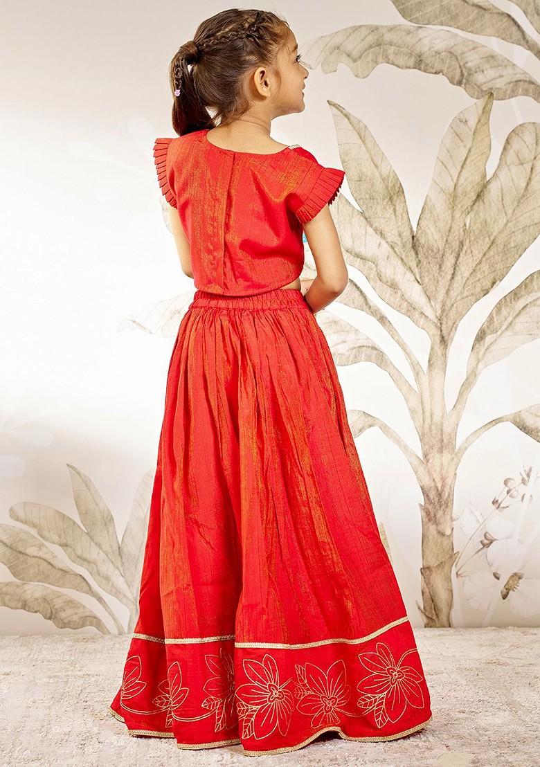 Red Embroidered Blended Lehenga Choli For Girls - Indya