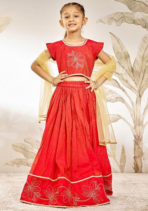 Red Embroidered Blended Lehenga Choli For Girls