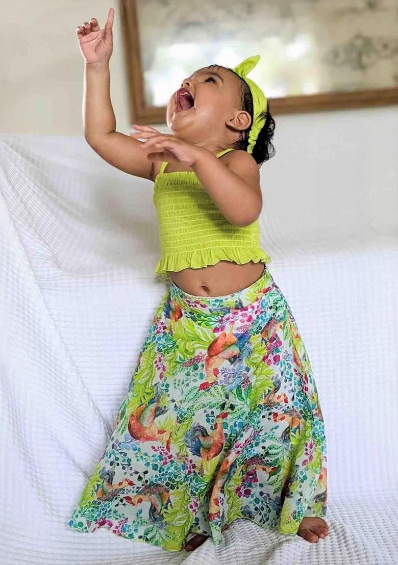 Green Embroidered Cotton Blend Lehenga Choli For Girls - Indya