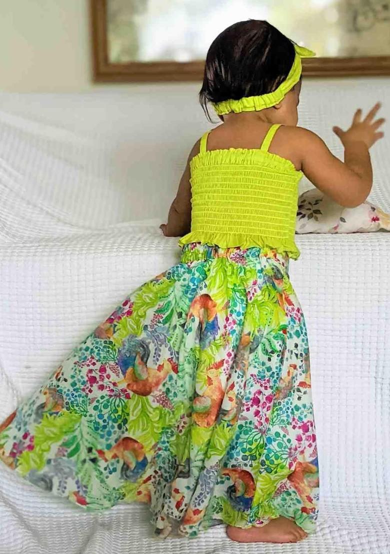 Green Embroidered Cotton Blend Lehenga Choli For Girls - Indya