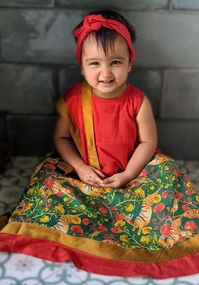 Red Embroidered Cotton Blend Lehenga Choli For Girls