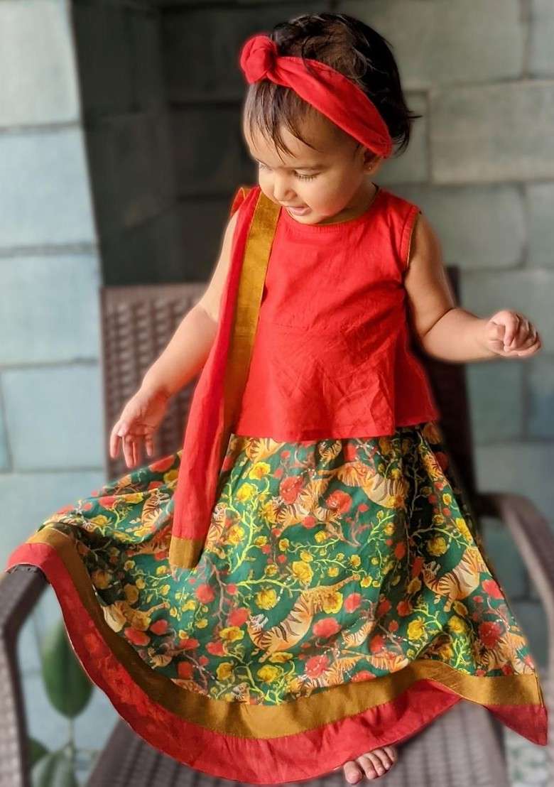 Red Embroidered Cotton Blend Lehenga Choli For Girls - Indya