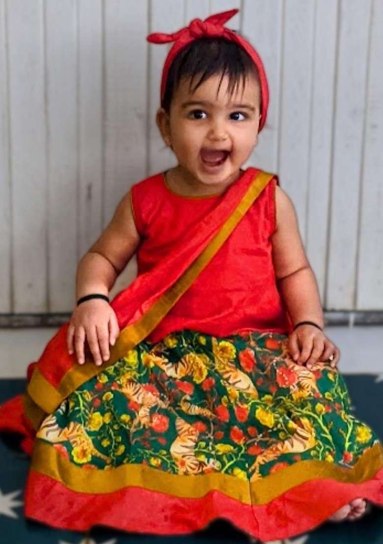 Red Embroidered Cotton Blend Lehenga Choli For Girls - Indya