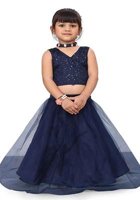 Navy Blue Embroidered Blended Lehenga Choli For Girls