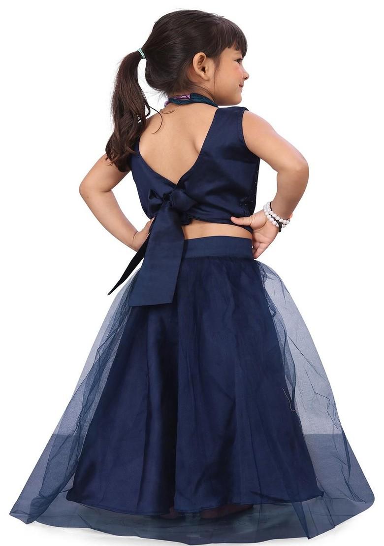 Navy Blue Embroidered Blended Lehenga Choli For Girls - Indya