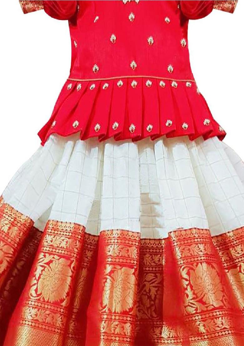Red Embroidered Blended Lehenga Choli For Girls - Indya