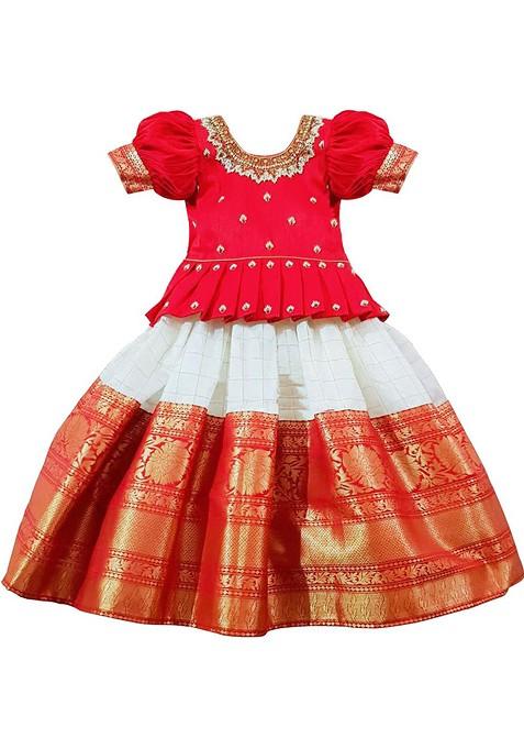 Red Embroidered Blended Lehenga Choli For Girls