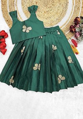 Green Embroidered Blended Lehenga Choli For Girls