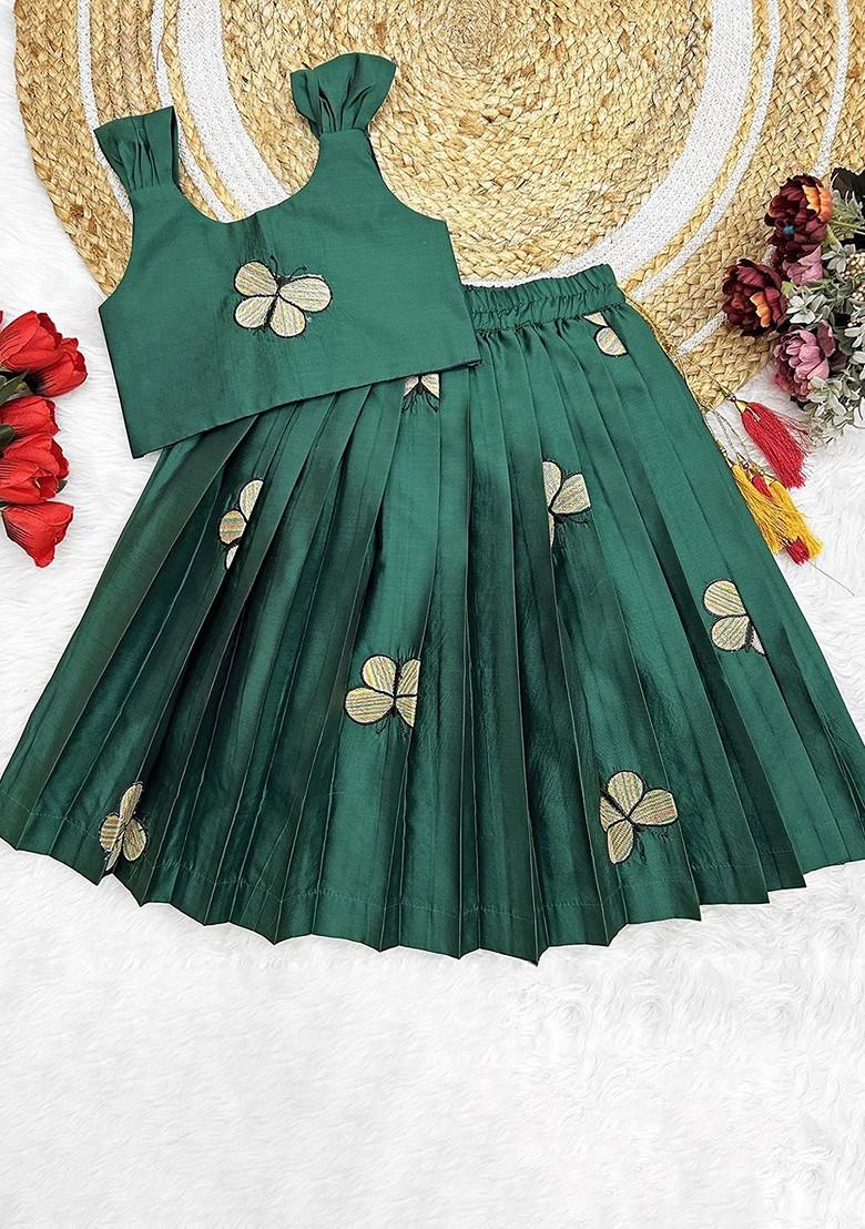 Green Embroidered Blended Lehenga Choli For Girls - Indya