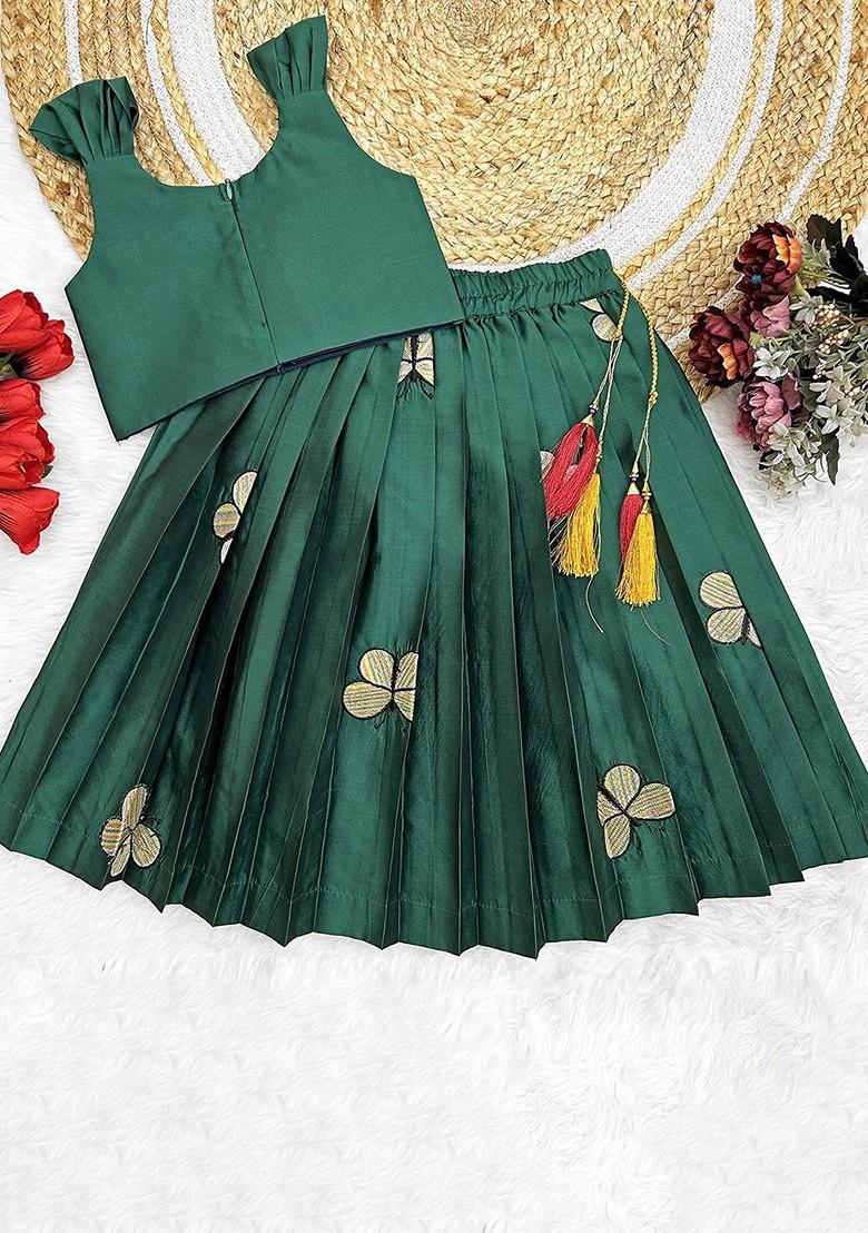 Green Embroidered Blended Lehenga Choli For Girls - Indya
