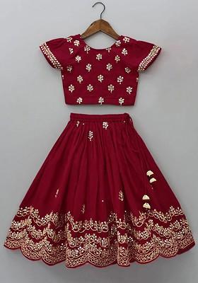 Maroon Embroidered Blended Lehenga Choli For Girls