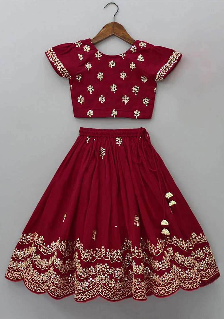 Maroon Embroidered Blended Lehenga Choli For Girls - Indya