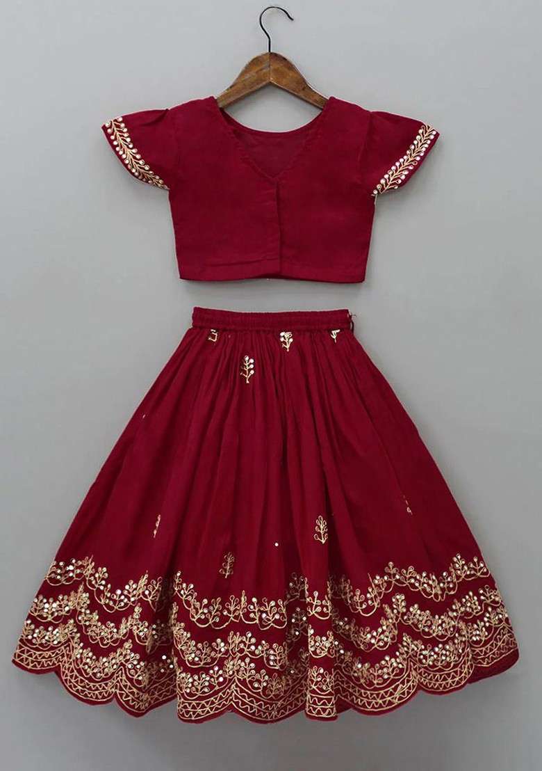 Maroon Embroidered Blended Lehenga Choli For Girls - Indya