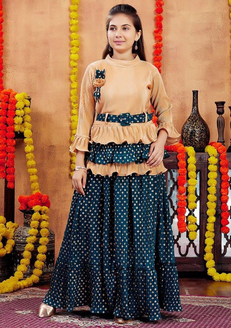 Beige Printed Blended Lehenga Choli For Girls - Indya