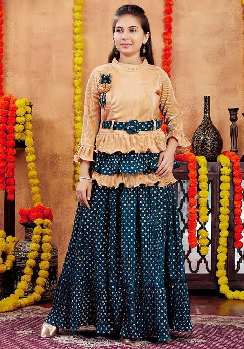 Beige Printed Blended Lehenga Choli For Girls