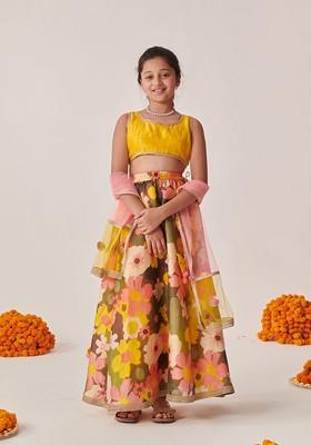 Yellow Embroidered Blended Lehenga Choli For Girls