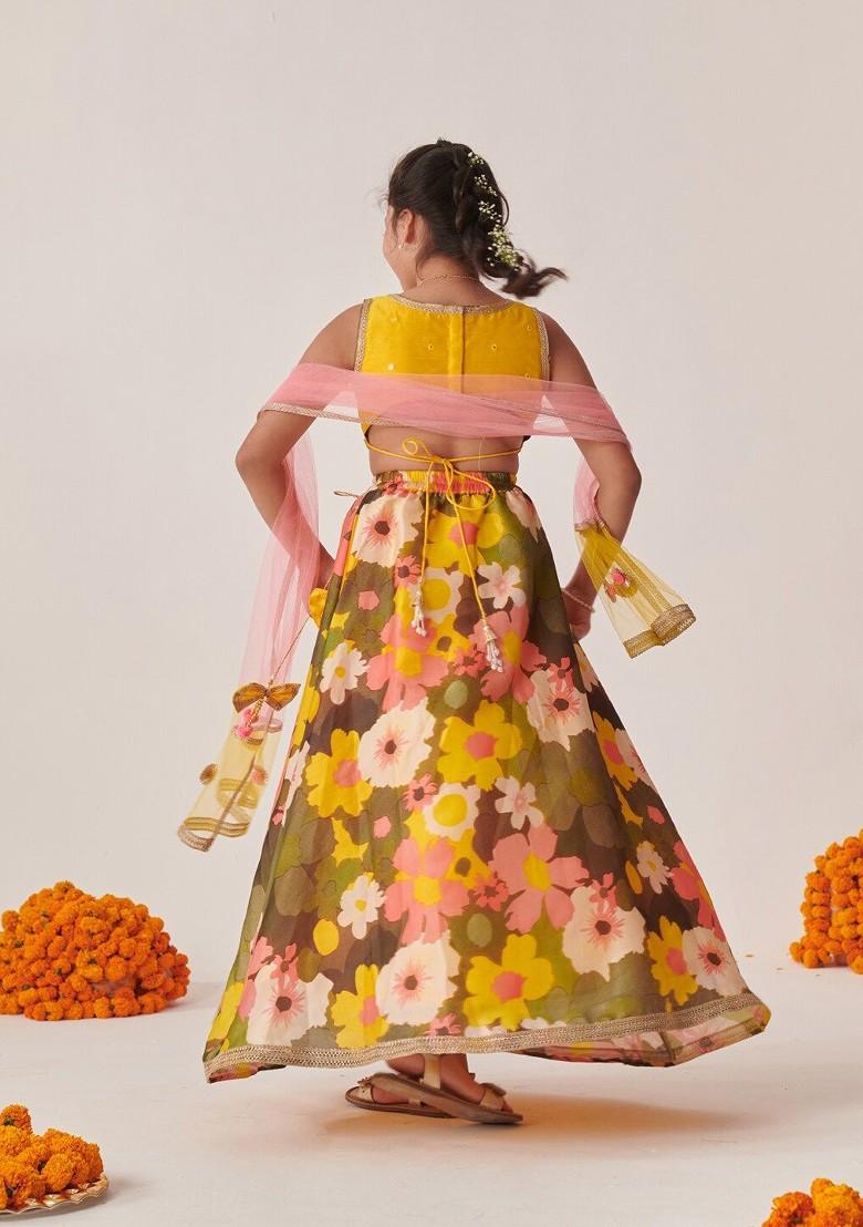 Yellow Embroidered Blended Lehenga Choli For Girls - Indya