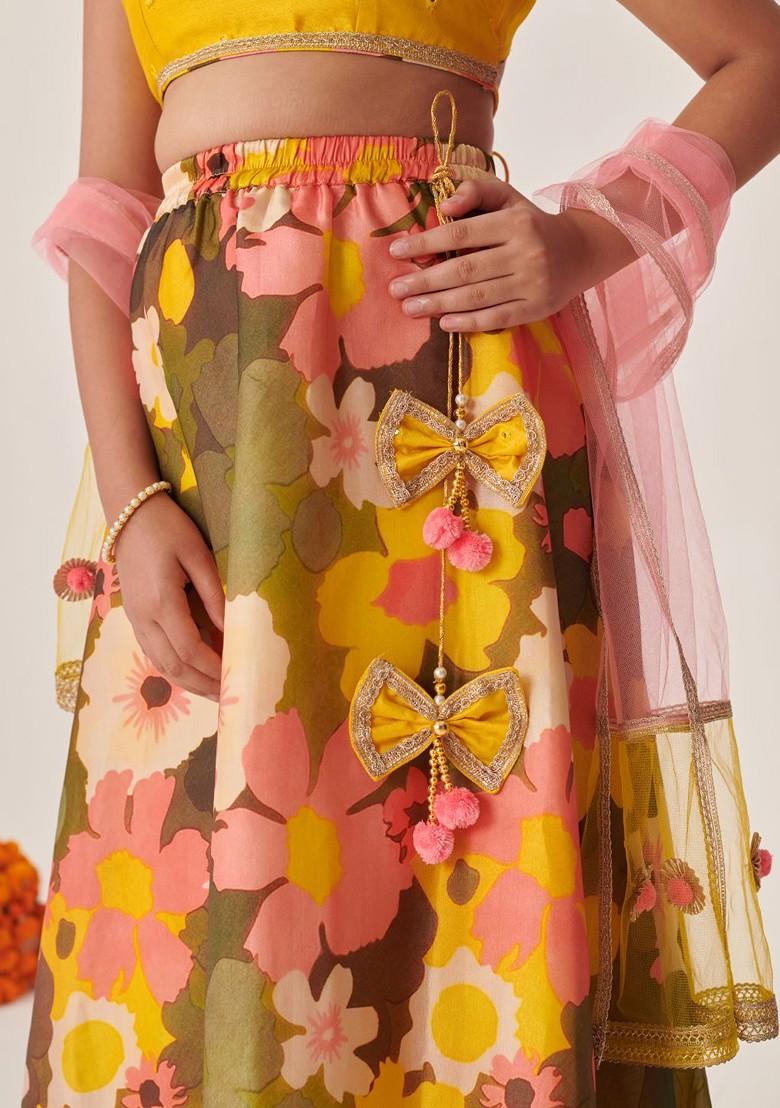 Yellow Embroidered Blended Lehenga Choli For Girls - Indya