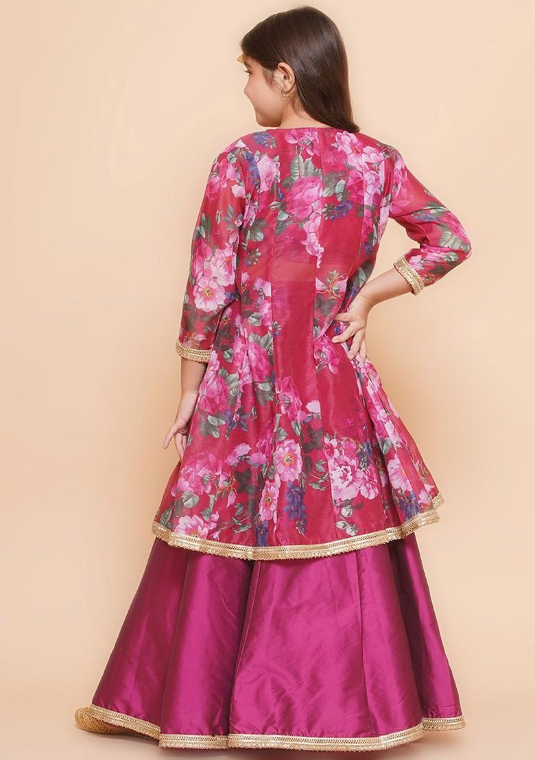 Pink Printed Blended Lehenga Choli For Girls - Indya