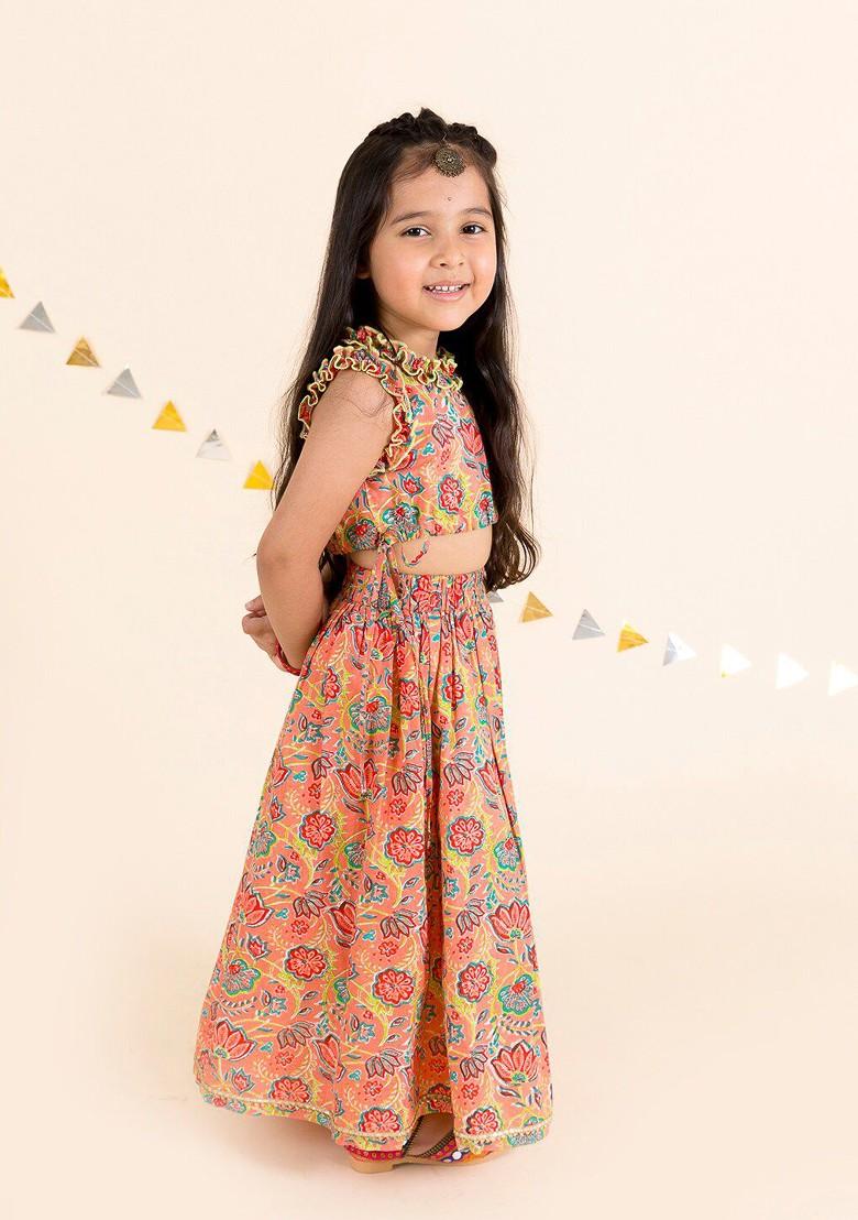 Coral Printed Cotton Blend Lehenga Choli For Girls - Indya