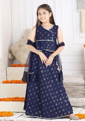 Navy Blue Embellished Blended Lehenga Choli For Girls