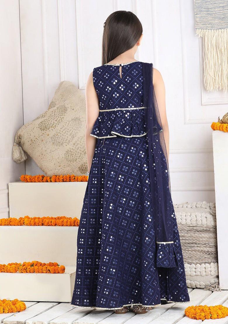 Navy Blue Embellished Blended Lehenga Choli For Girls - Indya