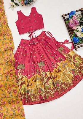 Pink Printed Silk Lehenga Choli For Girls