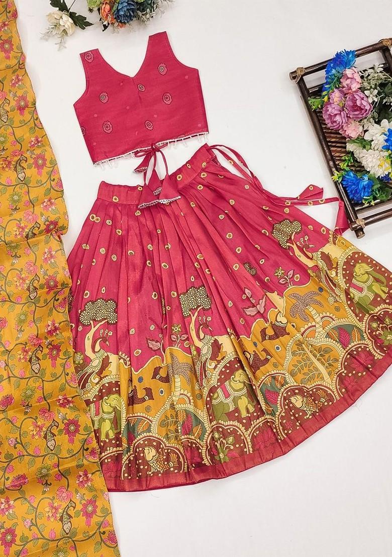 Pink Printed Silk Lehenga Choli For Girls - Indya