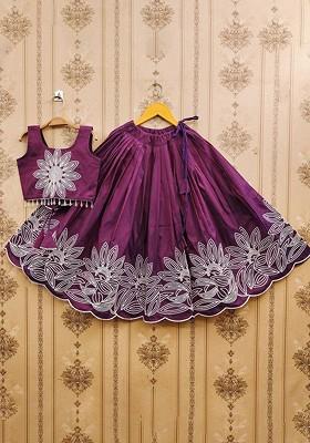 Purple Embroidered Silk Lehenga Choli For Girls
